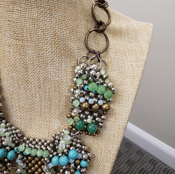 Pam Miran  green turquoise glass cats eye opalite beaded bib statemen necklace - Picture 3 of 14